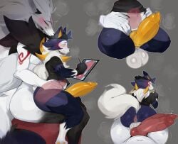 absurd_res anal anal_sex animal_genitalia animal_penis anthro ass backwards_baseball_cap backwards_hat balls baseball_cap big_butt big_penis blush bottomless bottomless_anthro bottomless_male canid canine canine_genitalia canine_penis chair_position clothed clothing drawing_tablet duo erection femboy fluffy fluffy_tail from_behind_position fur furgonomic_hat furgonomic_headwear furgonomics generation_5_pokemon generation_7_pokemon genitals hair hat headgear headwear hi_res huge_cock internal internal_anal knot knotted_penis long_hair lycanroc male male/male male_penetrated male_penetrating male_penetrating_male mammal midday_lycanroc neck_spikes neck_tuft nintendo nude_male on_lap penetration penile penile_penetration penis penis_in_ass pokemon pokemon_(species) sex shirt sitting_on_lap stomach_bulge t-shirt tablet_computer tail topwear tuft vilf white_body white_fur wide_hips yellow_penis zoroark