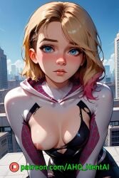 1girls ahq_hentai ai_generated blonde_hair blush bodysuit breasts exposed_breasts gwen_stacy gwen_stacy_(spider-verse) marvel medium_breasts nipples on_roof patreon perfect_body spider-man_(series) spider-verse stable_diffusion torn_clothes