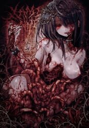 absurdres black_choker black_hair black_nails blood blood_on_face blood_on_hands bone bracelet breasts chains choker collarbone completely_nude crown_of_thorns ear_piercing enno_yami ero_guro eyeball female guro hair_between_eyes hand_up highres holding_eyeball indie_virtual_youtuber intestines jewelry leaning_to_the_side medium_breasts medium_hair nail_polish nipples nude oerba_yun_fang open_mouth piercing red_eyes ribs sitting smile solo spiked_bracelet spiked_choker spikes teeth thorns tongue tongue_out upper_teeth_only virtual_youtuber yu-ki_iwata