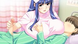 bed blue_eyes blue_hair blush breast_sucking breasts brown_hair censored closed_eyes female fuutou_shizune game_cg hadashi_shoujo handjob hat huge_breasts long_hair lying nurse nurse_cap nurse_hat nursing_handjob penis saliva short_hair sweat