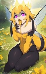 ai_generated anthro arthropod_girl bangs bee between_legs blonde_hair blush breasts clothing crown day fangs female flower food fur_collar furry_female grass hand_between_legs hand_up honey insect_wings kumdevince looking_at_viewer navel nipples nude on_ground open_mouth outdoors plant purple_eyes queen_poisonous_honeybee queen_poisonous_honeybee_(solo_farming_in_the_tower) short_hair sitting small_breasts solo solo_farming_in_the_tower thighs tongue tongue_out wide_hips wings yellow_flower