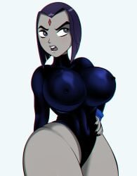 big_breasts big_breasts big_legs breast_focus dc dc_comics female goth goth_girl purple_eyes purple_hair rachel_roth raven_(dc) shy solo theanonyms white_background