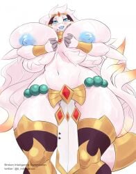 anthro areola b_inteligence big_breasts blue_areola blue_eyes blue_nipples blush bottomwear breasts circlet clothed clothing female generation_5_pokemon hair hi_res huge_breasts legendary_pokemon legwear loincloth looking_at_viewer navel nintendo nipples open_mouth pokemon pokemon_(species) reshiram solo thick_thighs thigh_highs topless white_body white_hair