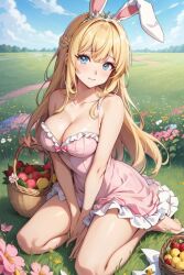 ai_generated blonde_female blonde_hair bunny_ears bunny_girl bunny_hybrid bunny_tail flower_field large_breasts princess