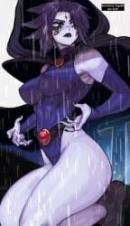 alesz01 animated armpits black_nails cloak dc_comics fully_clothed looking_away no_nude raining raven_(dc) segal03 sfw shoes shorter_than_10_seconds tagme teen_titans vertical_video video watermark