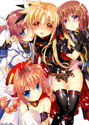 4girls :o bare_shoulders belt black_gloves black_legwear blonde_hair blue_eyes blush braid brown_hair collarbone cross cum cum_on_body cum_on_clothes cum_on_hair cum_on_lower_body cum_on_upper_body facial fate_testarossa female fingerless_gloves gloves hat hayate_yagami himukai_kyousuke human long_hair looking_at_viewer lyrical_nanoha magical_girl mahou_shoujo_lyrical_nanoha mahou_shoujo_lyrical_nanoha_a's multiple_girls orange_eyes orange_hair purple_eyes revision short_hair skirt smile strap_slip takamachi_nanoha thighhighs tied_hair tongue tongue_out twin_braids twintails v vita