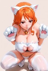 1girls ai_generated alternate_costume animated bangs bare_shoulders bell_collar big_breasts bouncing_breasts bra breasts brown_eyes cat_ears cat_gloves cat_lingerie cat_tail catgirl cleavage cleavage_cutout clothing collar collarbone curvy earrings eyelashes female female_focus female_only gloves hairband high-angle_view human jewelry kling_ai large_breasts legwear lips long_hair looking_around looking_at_viewer nami no_sound one_piece orange_hair panties parted_lips revealing_clothes side-tie_panties simple_background skimpy skindentation smile solo solo_female squatting stay_blocky stockings tagme tail thick_thighs thighhighs thighs tongue transparent_clothing transparent_stockings video voluptuous