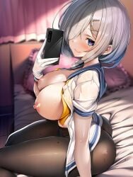 absurdres arm_support ass bed bedroom black_pantyhose blue_eyes blue_sailor_collar blurry blurry_background blush breasts cellphone cleavage closed_mouth commentary_request female gloves grey_hair hair_over_one_eye hamakaze_(kancolle) heart heart-shaped_pupils highres holding holding_phone indoors kantai_collection large_breasts long_hair looking_at_viewer nipples on_bed open_clothes open_shirt pantyhose phone sailor_collar school_uniform serafuku shirt short_hair short_sleeves sitting smartphone smile solo sweat symbol-shaped_pupils torisan white_gloves white_serafuku white_shirt