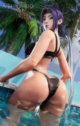 3d aquafina3d big_ass big_breasts bikini black_bikini black_lips female looking_at_viewer looking_back marvel marvel_rivals pool psylocke psylocke_(marvel_rivals) psylocke_(sai)_(fleeting_butterfly) violet_hair water