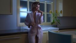 1girls 3d apocalust blonde_female evelyn_(psychodelusional) female female_only kitchen mature_female milf night psychodelusional robe robe_only short_hair_female