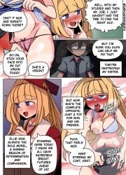 blonde_hair blush bra breasts_out color comic disguise ellie_(impunderneath) english_text female imposter impunderneath nipple_bulge original original_character possessed possession purple_eyes skinsuit tongue tongue_out