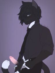 absurd_res anthro balls biped black_body black_fur bodily_fluids cheritz clothing dirtylynel domestic_cat erection felid feline felis foreskin fur genital_fluids genitals glans hi_res humanoid_genitalia humanoid_penis jumin_han juminhan male male_anthro mammal medium_hair mysme mystic_messenger nails necktie partially_retracted_foreskin penis pinup pose precum rolled_up_sleeves solo suit tail tuxedo_cat zipper_down