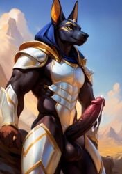 ai_generated anthro anubis armor black_body cum cum_drip erect_penis erection male male_only muscle muscles muscular muscular_anthro muscular_male naked naked_male nude nude_anthro nude_male