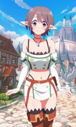 1girls brown_hair cleavage elf_ears elf_female medium_breasts short_hair standing