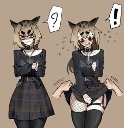 ! ? blush circle_eyebrows collar cross_necklace cute_fangs dingotoad embarrassed eurasian_eagle-owl fangs female fishnets frustrated goth goth_girl kemono plaid_skirt pleated_skirt shy skirt skirt_lift straps surprised thick_eyebrows thighhighs upset yellow_eyes