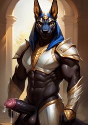 ai_generated anthro anubis armor black_body cum cum_drip erect_penis erection male male_only muscle muscles muscular muscular_anthro muscular_male naked naked_male nude nude_anthro nude_male