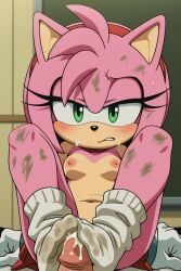 ai_generated amy_rose belly_button black_eyebrows black_eyelashes black_nose black_pupils blush blushing bodily_fluids conjoined_eyes connected_eyes cum cum_on_face cumming_on_socks dirty dirty_body dirty_socks ejaculation ejaculation_on_socks eulipotyphlan faceless_male female footjob fur furry green_eyes headband headband_only hedgehog hedgehog_girl mammal mammal_humanoid naked naked_female navel nipples out_of_frame_male pink_fur red_hairband scuff_marks small_breasts smelly_socks sockjob socks socks_only sonic_(series) sonic_x sperm tan_skin tanned_skin used_socks white_socks