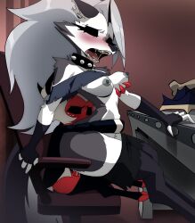 1boy 1girls 2d 2d_(artwork) 4k blush breast_grab breasts breasts_out chair chair_position closed_eyes collar coolerinker cum cum_in_pussy cum_inside drool drool_string drooling height_difference hellhound helluva_boss imp indoors inkershike loona_(helluva_boss) moxxie_(helluva_boss) office office_sex sex sharp_teeth size_difference spiked_collar