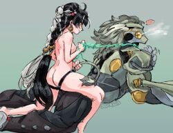 1boy 1girls anal assertive_female banyue_(zenless_zone_zero) barefoot black_hair blush braid braided_twintails breasts breath cable claws completely_nude deertripetri dialyn_(zenless_zone_zero) dildo earrings female femdom grey_hair jewelry long_hair male male_penetrated mechanical_hands metal_skin multicolored_hair muscular muscular_male nude object_insertion pegging robot robot_boy sex_toy small_breasts split-color_hair spoken_blush steam_from_mouth straight strangling strap-on sweeter_kiwiis tail white_hair yellow_eyes zenless_zone_zero