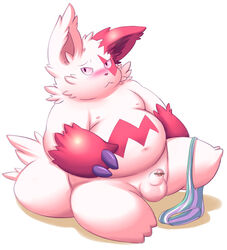 bulge censored chubby erection fur lako looking_at_viewer male male_only penis pokemon pokemon_(species) red_markings solo underwear white_fur zangoose