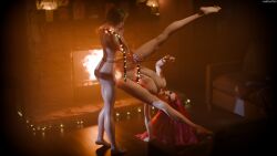 2girls 3d acrobatic artist_name blonde_hair blush christmas christmas_decorations christmas_tree fireplace flexible futa_on_female futanari garland glistening glistening_body glistening_skin hand_on_another's_thigh hand_on_lips hand_on_thigh holding_object holding_rope katarina_du_couteau large_breasts league_of_legends long_hair luxanna_crownguard magic magic_penis medium_breasts medium_hair nipples pov red_hair rope ruadhnait3dx scar scar_across_eye sex splits tattoo thick_thighs vaginal_penetration watermark wet wet_body wet_skin
