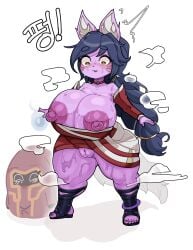 after_transformation ahri big_breasts bimbofication breasts_out female implied_transformation league_of_legends post-transformation sajji shortstack shortstackification shrink steaming_body sweat tagme transformation visible_nipples visible_pussy wardrobe_malfunction yordle yordlefied