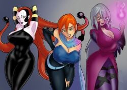 3girls abs abs_visible_through_clothing aged_up arm_under_breasts armpits arms_behind_head arms_up ass belt ben_10 ben_10_(classic) big_breasts black_lipstick breasts cape cartoon_network charmcaster charmcaster_(classic) cleavage earrings elbow_gloves female female_only frightwig future_gwen future_gwen_(ben_10,000) gloves gothic gothic_girl green_eyes grey_hair gwen_tennyson hand_on_hip hips hourglass_figure huge_breasts large_ass large_breasts leaning_forward lipstick magic multiple_girls nipple_bulge orange_hair pinup planz34 red_hair red_lipstick redhead simple_background sorceress spell take_your_pick thick thick_thighs thighs tomboy toned toned_body toned_female white_skin wide_hips