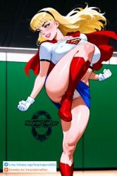 abs ai_generated blonde_hair blue_background blue_eyes boots breasts cape crop_top dc dc_comics female gloves hairband hi_res high_kick high_resolution highres kicking leg_up long_hair midriff navel neuralcrafter panties red_cape simple_background skirt smile solo split standing standing_on_one_leg standing_split superhero superheroine superman:_the_animated_series superman_(series) toned underwear white_gloves white_panties