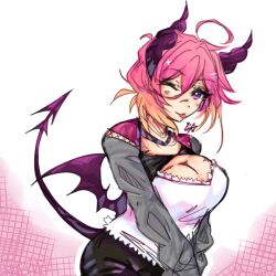 2022 artist_upload big_breasts bigoldstinker blush boob_window breasts cleavage demon_girl demon_tail demon_wings demondemon_horns face_markings fishnet hairclip hairclips high_quality highres ibispaint_(artwork) ibispaintx looking_at_viewer medium_hair oc original original_artwork original_character scars self_upload sfw smile smiling_at_viewer succubus sweater tongue tongue_out winking winking_at_viewer