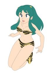 1girls 2012 bikini blue_eyes breasts busakumas female green_hair highres horns humanoid large_breasts legs light-skinned_female light_skin long_hair lum oni photoshop pointy_ears princess smile thighs tiger_print urusei_yatsura vector_trace