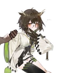 ... 1boy absurdres arknights bar_censor bird_girl black_thighhighs blush brown_hair censored commentary feather_hair female glasses hair_between_eyes handjob highres id_card long_sleeves looking_at_viewer orange_eyes owl_girl penis pov precum ren_er_nu_zi_kou_gui rhine_lab_logo semi-rimless_eyewear shirt short_hair silence_(arknights) simple_background single_thighhigh single_wing spoken_ellipsis straight symbol-only_commentary thigh_strap thighhighs under-rim_eyewear vial white_background wings