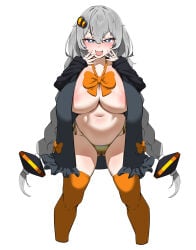 yamgeyam_coffee vocaloid voiceroid kizuna_akari 1girls grey_hair long_hair very_long_hair twintails low_twintails braid twin_braids braided_twintails hair_ornament v-shaped_eyebrows blue_eyes looking_at_viewer blush open_mouth fang skin_fang covering_own_mouth naughty_face bow bowtie orange_bow loose_bowtie jacket black_jacket open_jacket open_clothes no_bra topless_female breasts huge_breasts areola_slip stomach navel bikini gold_bikini bikini_bottom_only swimsuit side-tie_bikini_bottom ass ass_visible_through_thighs cameltoe thighs thighhighs orange_thighhighs frills frilled_jacket standing solo simple_background white_background