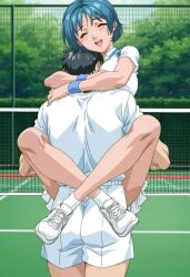 1boy 1girls accurate_art_style after_exercise after_workout ai_generated arms_around_neck asphyxiation athletic athletic_female bare_legs bare_thighs bible_black bible_black_only black_hair blue_hair blue_sky bodily_fluids breast_press breast_smother breast_smothering carrying carrying_partner chain-link_fence cling clinging closed_mouth crossed_legs day embrace facing_away faithful_to_the_anime female from_behind happy happy_female head_between_breasts head_tilt high_resolution hug implied_penetration implied_sex kurimoto_maki leg_lock legs_around_partner male male/female open_mouth outdoors sexually_suggestive shirt shoes short_hair shorts skirt smile smothering smothering_breast socks stand_and_carry_position standing straight suggestive suggestive_pose sweat teen teenage_female teenage_girl teenager tennis tennis_court tennis_net tennis_outfit tennis_shoes tennis_uniform thighs uncensored viewed_from_behind walking wristband