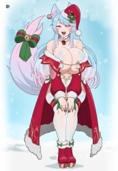 1girls bell blue_eyes blue_hair boots breasts christmas christmas_outfit cleavage cloak collar fangs hands_on_knees huge_breasts indie_virtual_youtuber leaning_forward lipstick long_hair looking_at_viewer mascara multicolored_hair open_mouth outdoors pink_hair red_lipstick ribbon santa_hat silvervale smile snow solo solo_focus standing tail thighhighs truewaifu virtual_youtuber wide_hips wolf_ears wolf_tail