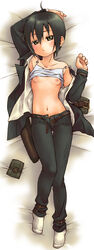 1girls anime_nose artist_request bed belt black_hair bottomwear breasts clothing dakimakura female female_focus female_only firearm footwear grey_eyes handgun human kino kino_no_tabi lying nipples open_clothes open_pants outerwear pale_skin pouch short_hair small_breasts socks solo tank_top topwear weapon