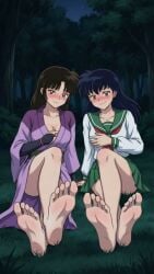 2girls blush blushing feet foot_fetish grass inuyasha kagome kagome_higurashi night sango toes