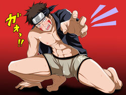 abs brown_hair buff bulge clothed_erection fangs flaccid inuzuka_kiba japanese male male_only muscle naruto solo sweat underwear