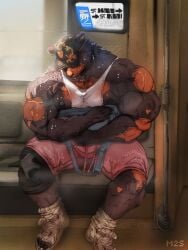 anthro anthro_bear bag baseball_cap bear black_fur bulky cap dirty_shoes furry heart_shaped_fur multicolored_body multicolored_fur muranoshisoka muscular muscular_anthro muscular_male red_fur ripped_shoes see-through_shirt shorts sleeping sweaty sweaty_body tank_top train train_interior veiny_muscles white_shirt workout_clothes