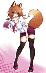2024 annoyed_expression artist_upload bigoldstinker breasts cleavage dress_shirt fishnet_stockings fox_girl high_quality highres ibispaint_(artwork) ibispaintx looking_at_viewer medium_breasts oc original original_artwork original_character self_upload sfw skirt spread_legs thick_thighs thighhighs thighs uniform