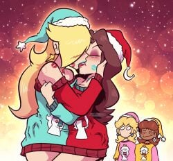 4girls ass_grab bite_mark blonde_hair blush brandon_santiago_(artist) brown_hair christmas christmas_hat christmas_outfit christmas_sweater closed_eyes colored_background digital_drawing_(artwork) digital_media_(artwork) embracing_another embracing_each_other female female_focus female_only french_kiss french_kissing grabbing_another's_ass grabbing_ass grabbing_from_front hot hugging kiss_mark kiss_marks kiss_on_lips kissing lesbian_couple lesbian_focus lesbian_kiss light_skin lipstick lipstick_mark lipstick_on_face long_hair mario_(series) nintendo passionate pauline pauline_(mario) princess_daisy princess_peach princess_rosalina reacting_to_another reaction reaction_shot santa_hat sexy short_hair sisters sloppy_kiss smug smug_face sparkles surprised surprised_expression tan_skin wet_kiss yuri