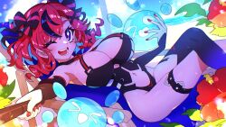 absurdres ass asymmetrical_legwear beach beach_chair belt big_breasts black_bow black_leotard blue_hair boobs bow breasts cleavage cloud cloudy_sky crossed_legs female flower fuji_tarawi hair_ornament hairbow hibiscus highres huge_breasts indie_virtual_youtuber large_breasts leotard massive_breasts multicolored_hair one_eye_closed open_mouth outdoors purple_eyes red_hair red_nails saiiren sand short_hair single_sock single_thighhigh sky smile socks streaked_hair thigh_belt thigh_strap thighhighs thighs tits virtual_youtuber voluptuous vtuber water x_hair_ornament
