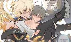 2boys absurdres alternate_form artist_name asymmetrical_wings bite_mark black_boots black_coat black_gloves black_pants blonde_hair blush boots caelus_(honkai:_star_rail) claws coat collarbone english_text fingerless_gloves gauntlets gloves grey_hair hair_between_eyes half-closed_eyes halo halo_behind_head heart highres honkai:_star_rail honkai_(series) hood hooded_coat huffing injury khaslana_(honkai:_star_rail) legs_up long_sleeves looking_at_another male_focus moaning multiple_boys official_alternate_eye_color official_alternate_hair_color one_eye_closed open_clothes open_coat open_mouth pants partially_fingerless_gloves phainon_(honkai:_star_rail) phainon_(khaslana)_(honkai:_star_rail) saliva saliva_trail sex shirt short_hair shoulder_spikes shuiwe simple_background single_gauntlet speech_bubble spikes star-shaped_pupils star_(symbol) sweat symbol-shaped_pupils t-shirt teeth tongue tongue_out torn_clothes torn_pants trailblazer_(honkai:_star_rail) upper_body white_background white_shirt wings yaoi yellow_eyes