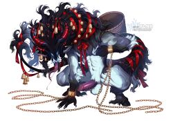 5_fingers anthro balls bell biped bovid caprine caprine_demon chains christmas claws demon erection fingers fur genitals goat_demon hi_res holidays hooves horn krampus male mammal penis plna simple_background solo tail tongue tongue_out white_background