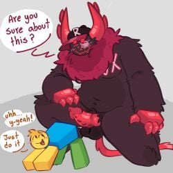 absurd_res anthro ass balls blocky_body blush claws clothing demon dialogue dominant dominant_anthro duo english_text fangs forsaken_(roblox) genitals guest_666_(forsaken) hat headgear headwear hi_res humanoid knot koi_567 male male/male monster monster_on_male neck_tuft nervous noob_(forsaken) noob_(roblox) penis presenting presenting_hindquarters requesting roblox roblox_game robloxian sex_request simple_background size_difference slightly_chubby speech_bubble spiked_penis spikes spikes_(anatomy) teeth text tuft