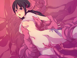 black_hair bottomless jilnel purple_eyes rape shirt tentacle tentacle_between_breasts tentacle_paizuri tentacle_rape torn_clothes