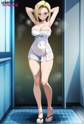 ai_generated android_18 barefoot blonde_hair breasts dragon_ball dragon_ball_z feet female foot_fetish legs lewdfeetai short_hair soles solo sweat towel