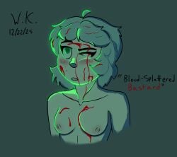 blood blood_on_face breasts colored emotionless emotionless_female expressionless female female_focus female_only glitch_productions green_eyes green_lighting humanized lighting looking_up murder_drones naked naked_female nipples nude nude_female one_eye_closed one_eye_open shading v_(murder_drones) witherking