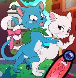 accessory animal_genitalia animal_penis anthro ass backsack bag balls black_eyes blue_body blue_fur blush blush_stickers bodily_fluids bow_ribbon brick brick_wall brown_eyes building charle_(fairy_tail) cum cum_in_pussy cum_in_uterus cum_in_vagina cum_inside dipstick_tail domestic_cat duo entwined_tails exceed fairy_tail felid feline feline_genitalia feline_penis felis female flower from_behind_position fur furgonomics genital_fluids genitals grass happy_(fairy_tail) hi_res house impregnation male male/female mammal markings meraence mostly_nude necktie necktie_only open_mouth orgasm outside outside_sex ovum pawpads penetration penile_spines penis plant raised_tail ribbons sex sperm_cell standing standing_doggystyle standing_sex tail tail_accessory tail_bow tail_coil tail_markings tail_ribbon tree uterus vaginal_fluids wall_(structure) white_body white_fur white_markings window x-ray