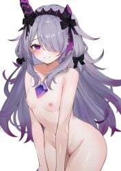 armpit_crease asymmetrical_horns blush breasts chest_jewel choker cleft_of_venus commentary completely_nude dorahd01 english_commentary fake_horns female female_pubic_hair gem grey_hair grin hair_flaps hair_over_one_eye hairband hand_jewel highres hololive hololive_english horn_hairband horns jewel_under_eye koseki_bijou koseki_bijou_(gore_magala) long_hair looking_at_viewer multicolored_hair navel nipples nude one_eye_covered pubic_hair purple_eyes purple_gem purple_hair pussy sidelocks simple_background small_breasts smile solo sparse_pubic_hair swept_bangs teeth uneven_horns virtual_youtuber white_background