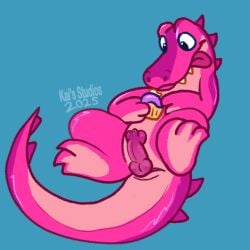 1boy 2025 2d 3_fingers 3_toes alligatorid animal_genitalia animal_penis back_spikes back_spines big_eyes bits_and_bops black_eyes blue_background cloaca cloacal cloacal_penis cock color crocodilian crocodilian_penis cupcake dated dick digital_media_(artwork) erection feet feet_focus feral food genital_slit genitals hi_res holding holding_food holding_object horizontal_cloaca horizontal_slit kais_studios long_snout long_tail male penis pink_body pink_penis pink_scales reptile scales scalie shiny_eyes signature snout snout_markings solid_color_background solo solo_male sweet_tooth tail tail_spikes tail_spines tongue tongue_out
